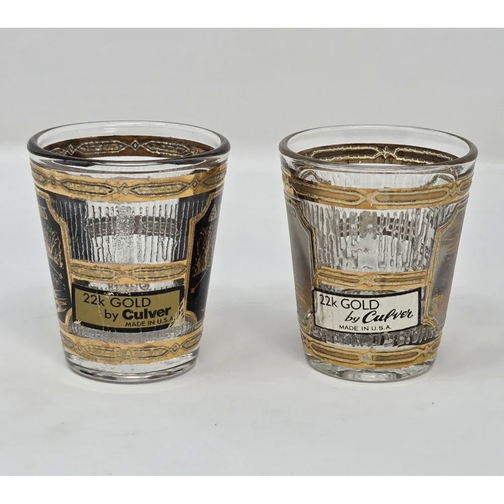 Culver 22K Gold Shot Glass Set Seven Springs San Francisco 1960s SouvenirCulver